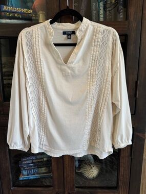 Chaps Women's Cream Lace-Trim Split V-Neck Tunic